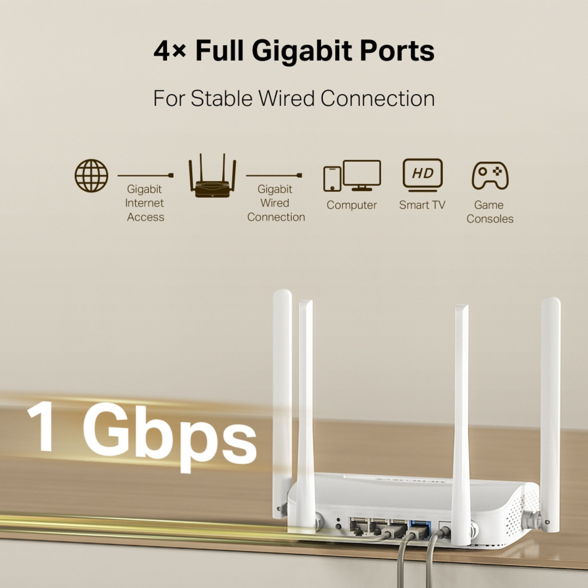 Mercusys MR25WBE Dual Band BE3600 WiFi 7-router med 4 antenner, 4 ethernetkabler, 4× gigabit porte, EasyMesh.