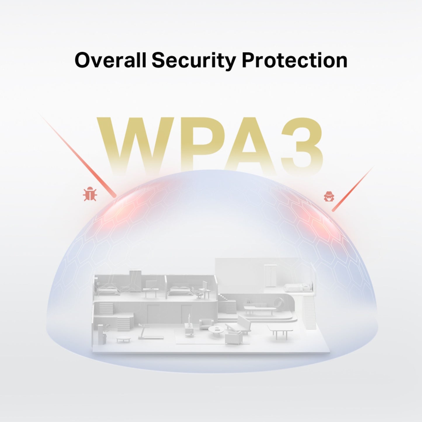 Mercusys MR25WBE Dual Band BE3600 WiFi 7-router, grafisk ikon med WPA3-dome og teksten Overall Security Protection.