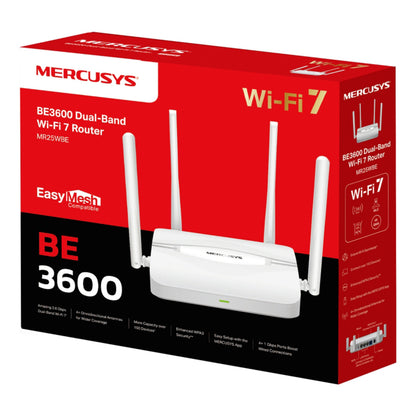 Mercusys MR25WBE BE3600 WiFi 7-router, rød og hvid æske, fire antenner, EasyMesh, gigabit Ethernet, dual band.