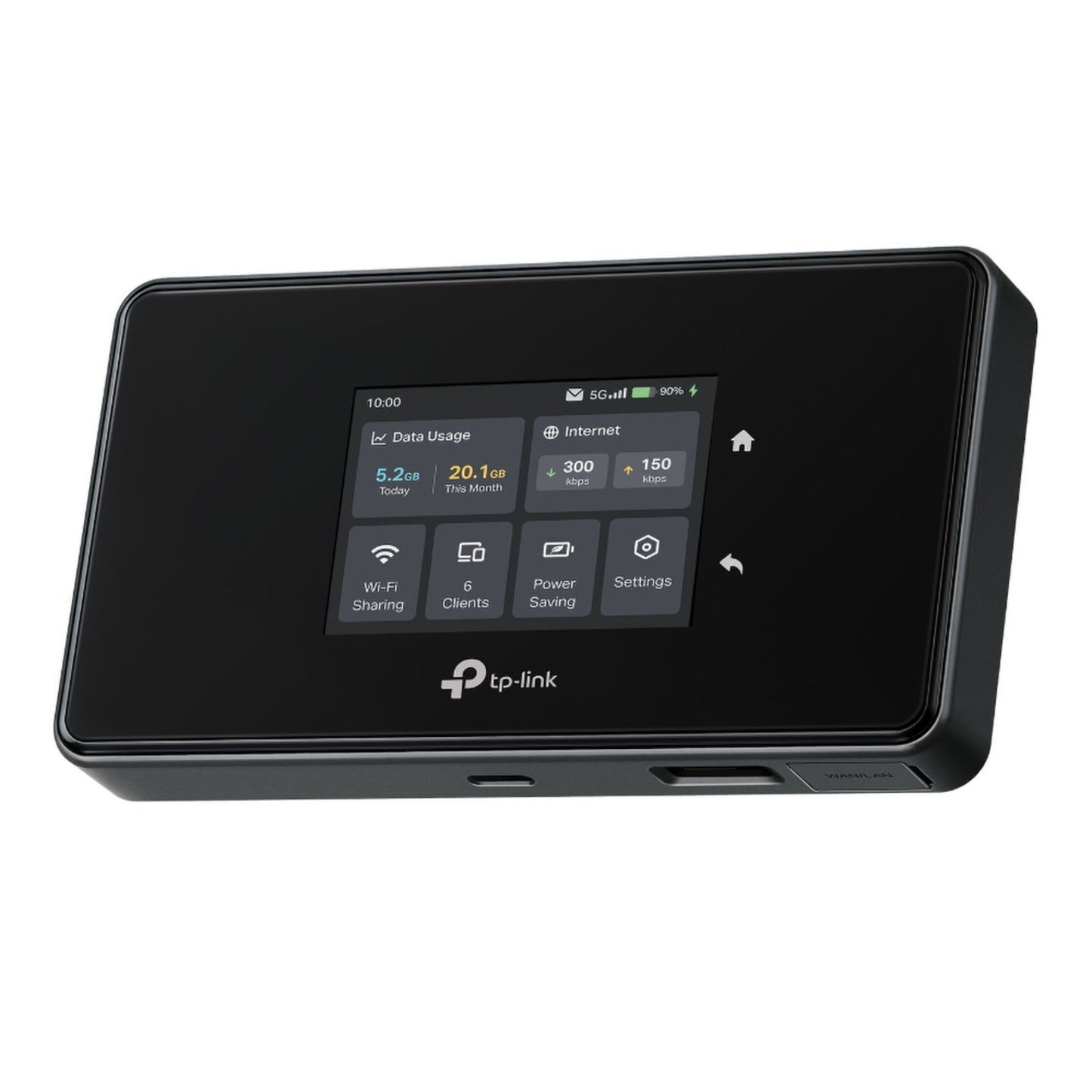TP-Link M8550 5G router med modem AXE3600, touchscreen viser dataforbrug, forbindelsesstatus og WiFi 6E ikoner.