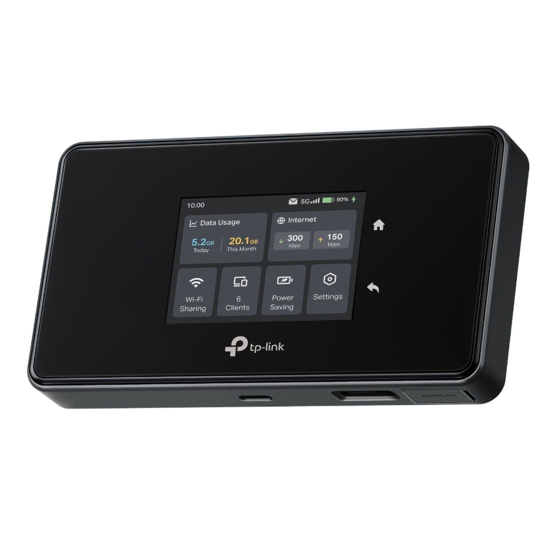 TP-Link M8550 5G router med modem AXE3600, touchscreen viser dataforbrug, forbindelsesstatus og WiFi 6E ikoner.