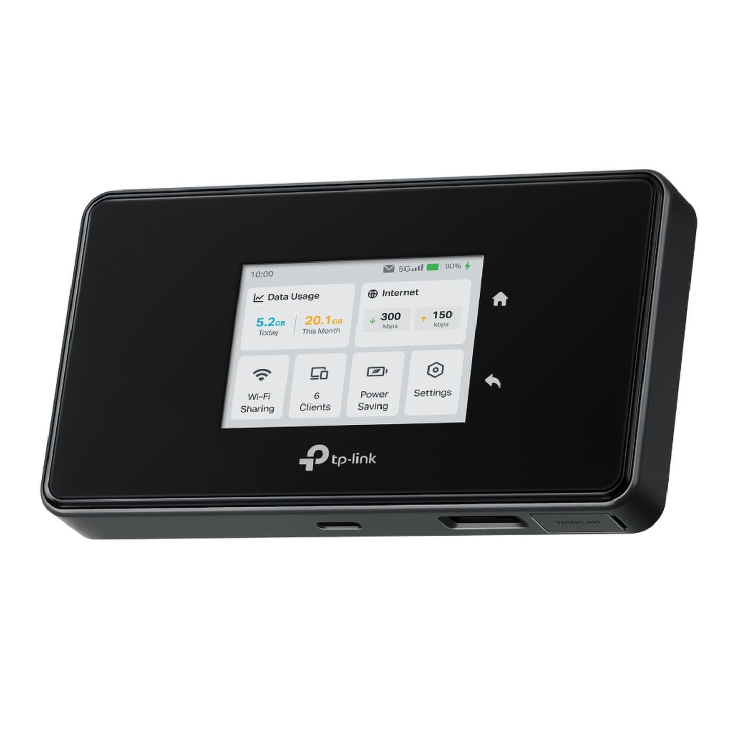 TP-Link M8550 5G-router AXE3600 sort mobil Wi-Fi hotspot med touchscreen, viser dataforbrug, klienter og indstillinger.