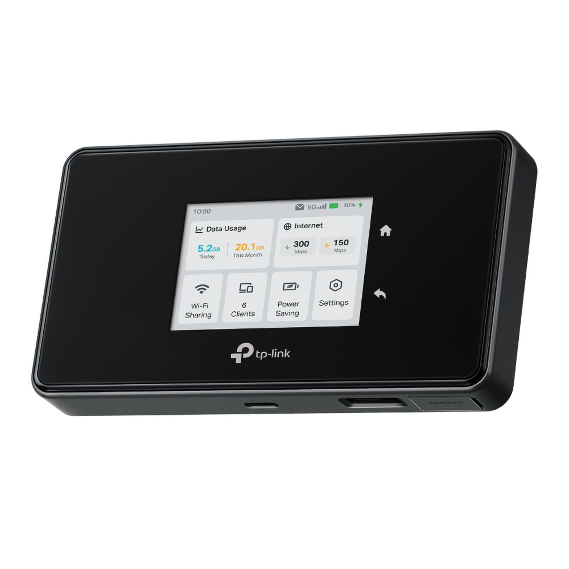 TP-Link M8550 5G-router AXE3600 sort mobil Wi-Fi hotspot med touchscreen, viser dataforbrug, klienter og indstillinger.