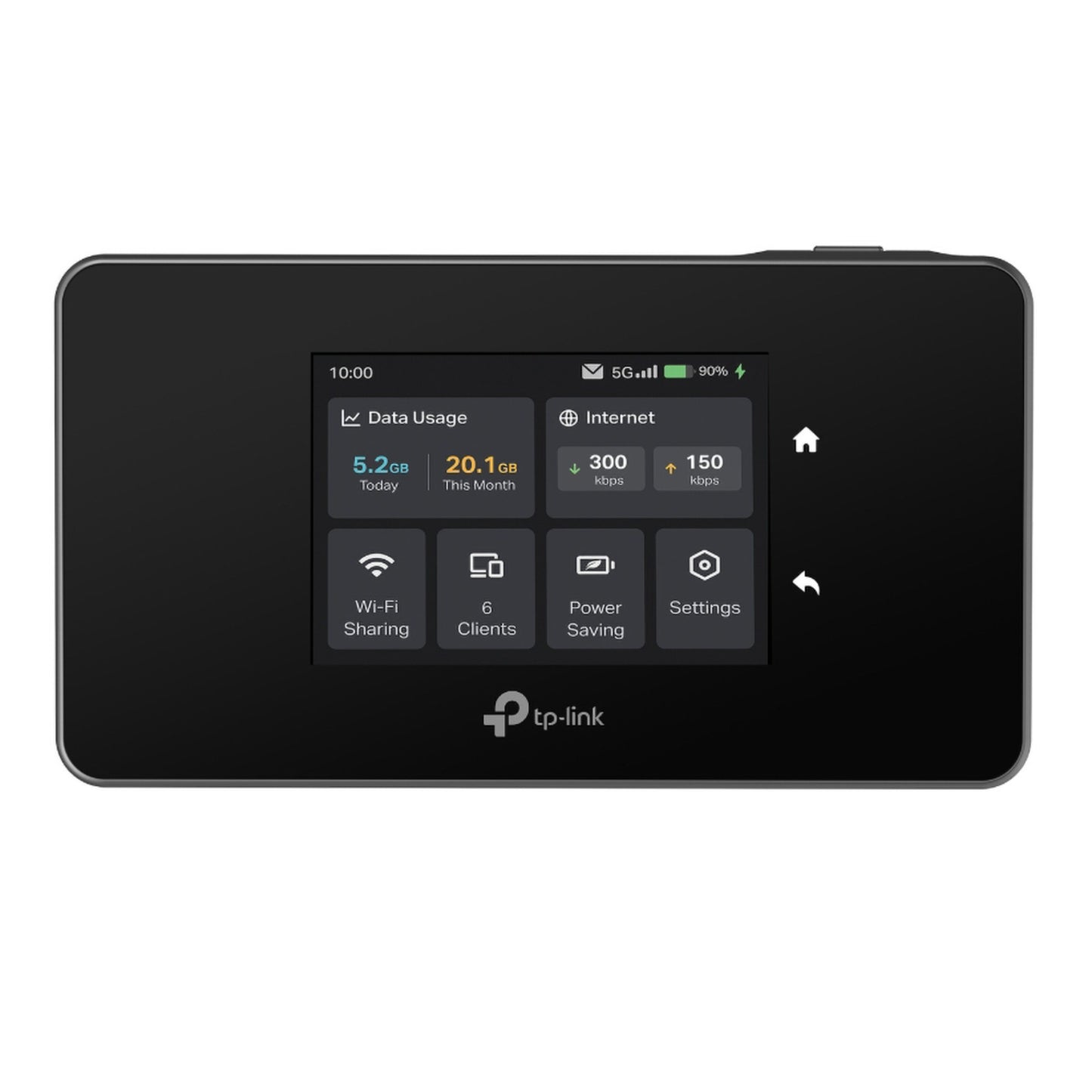 TP-Link M8550 5G-router AXE3600 sort, mobil WiFi-hotspot, farvedisplay med dataforbrug, status, WiFi 6E, 5G.