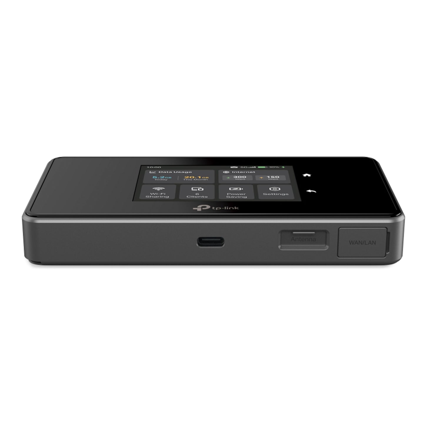 TP-Link M8550 sort 5G WiFi 6E-router AXE3600 med modem, touchscreen, USB-C, antenne samt WAN/LAN-porte.
