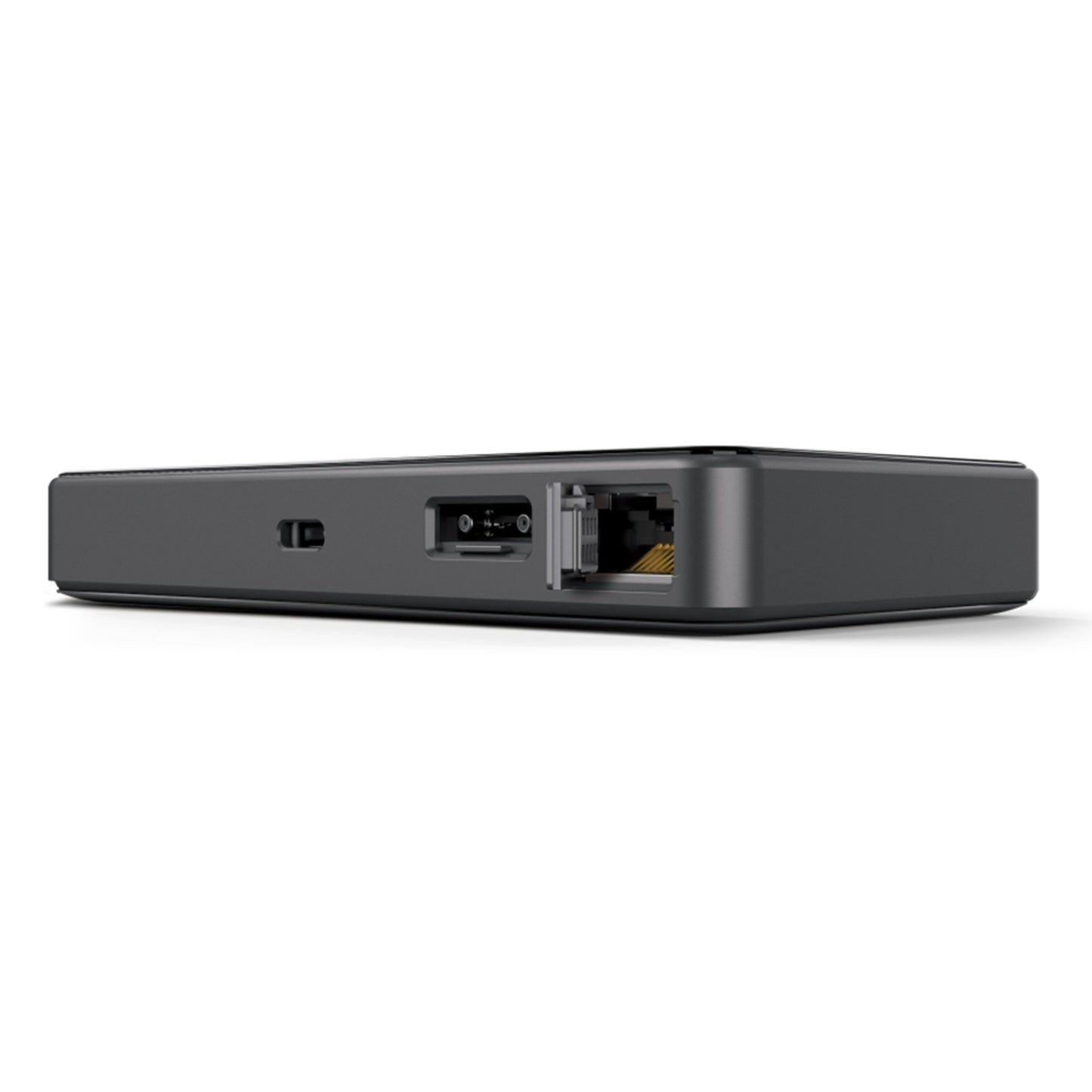 TP-Link M8550 5G-router med modem AXE3600 i sort, nærbillede af strøm- og Ethernet-porte, WiFi 6E-understøttelse.
