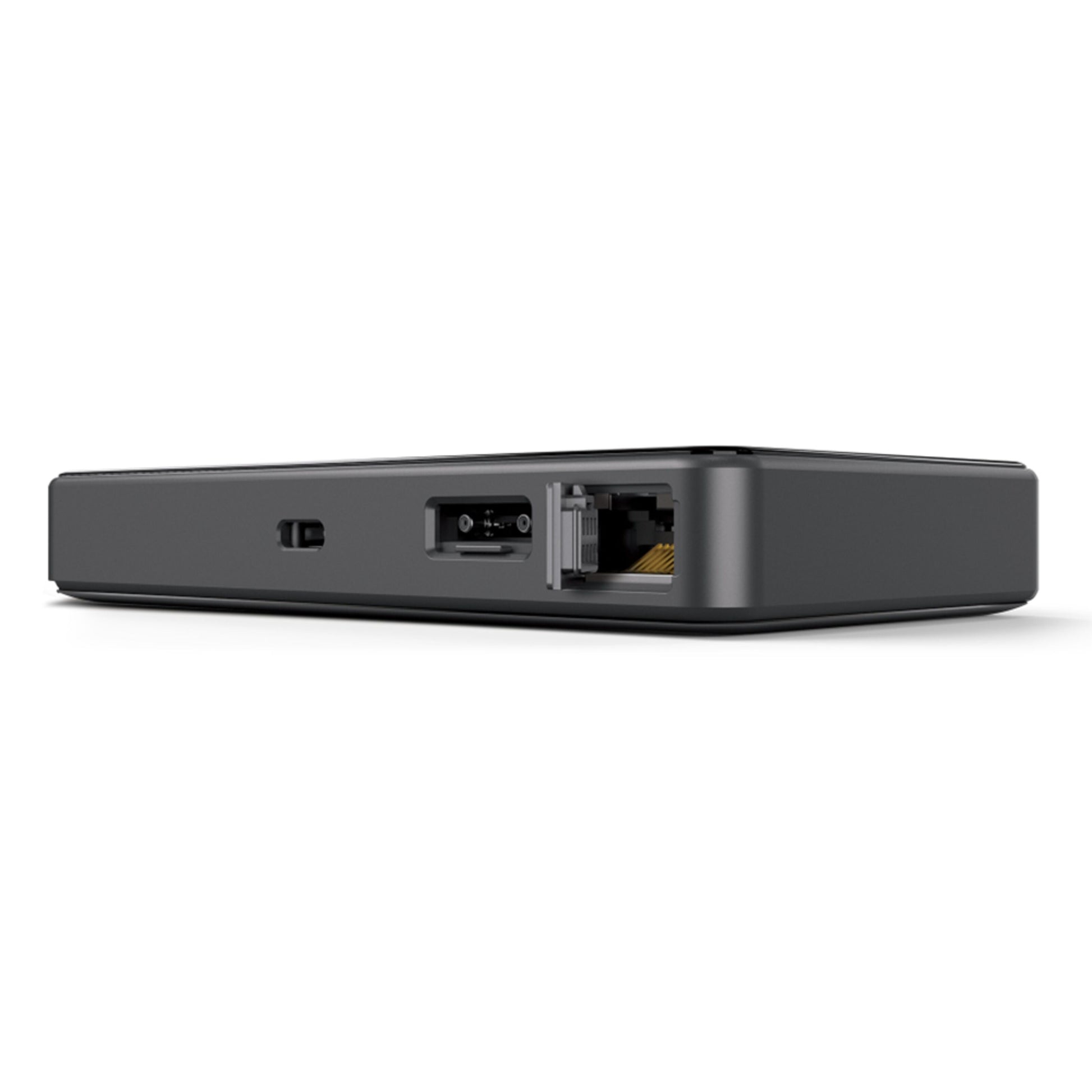 TP-Link M8550 5G-router med modem AXE3600 i sort, nærbillede af strøm- og Ethernet-porte, WiFi 6E-understøttelse.