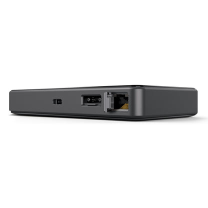 TP-Link M8550 5G-router med modem AXE3600 i sort, nærbillede af strøm- og Ethernet-porte, WiFi 6E-understøttelse.