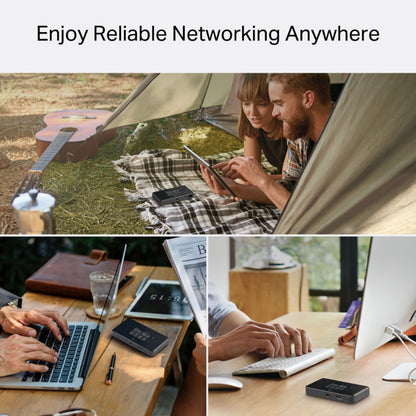 TP-Link M8550 5G-router med modem AXE3600 i brug på tablet, café og hjemme desktop, tekst: Nyd pålideligt netværk overalt.