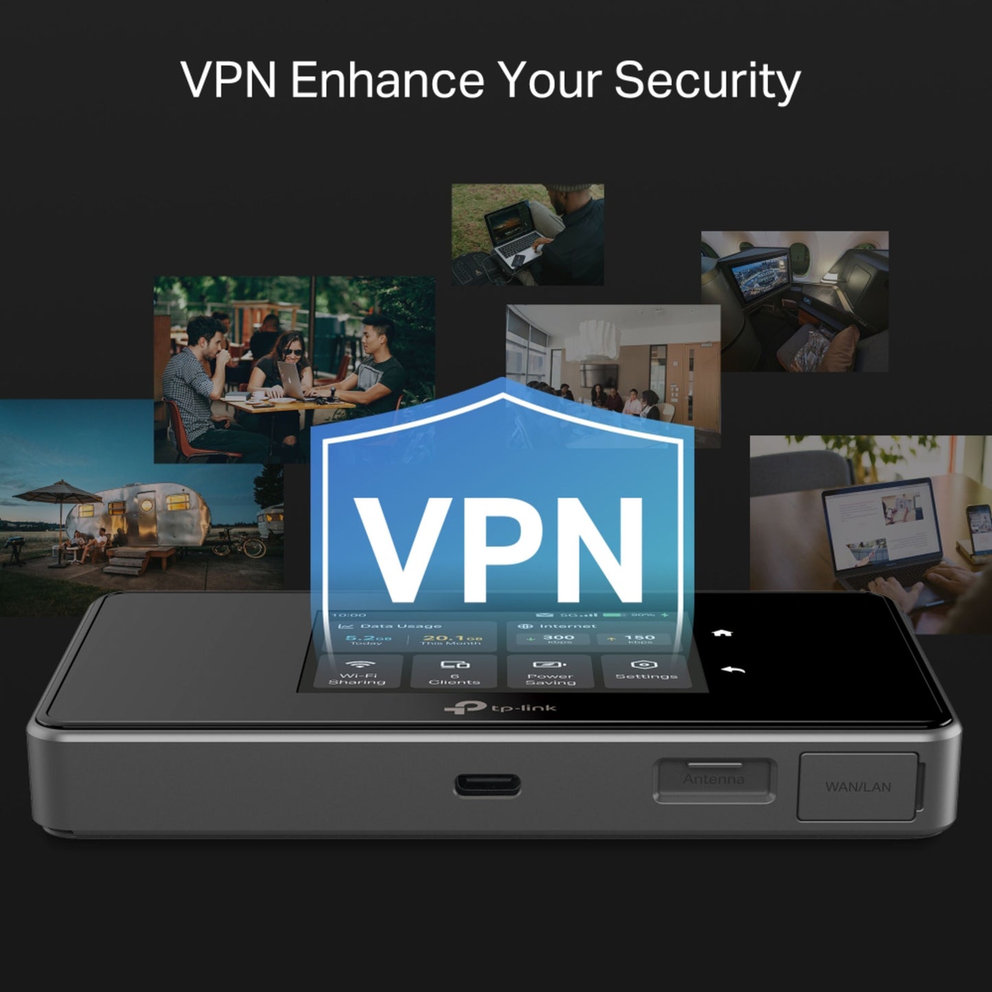 TP-Link M8550 5G-router AXE3600 med VPN-skjold ikon, WiFi 6E, 5G support, tekst: "VPN forbedrer din sikkerhed.