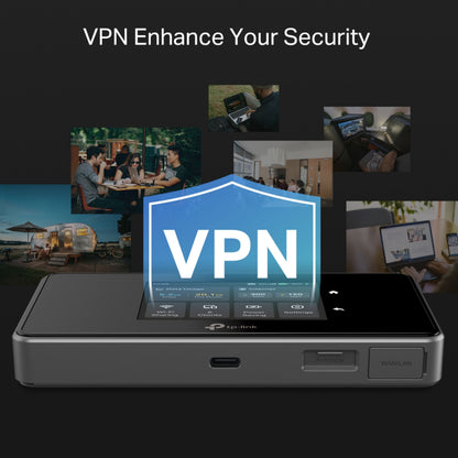 TP-Link M8550 5G-router AXE3600 med VPN-skjold ikon, WiFi 6E, 5G support, tekst: "VPN forbedrer din sikkerhed.