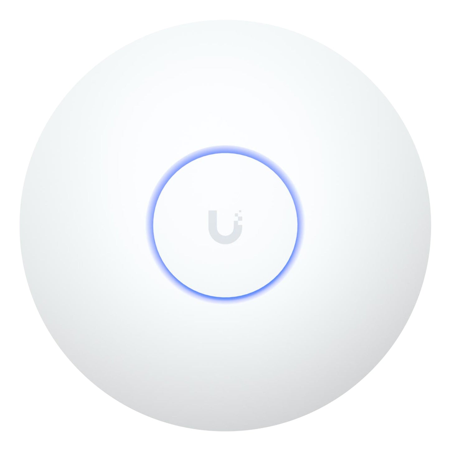 Ubiquiti UniFi U7 langt rækkevidde accesspoint hvid med blå LED-ring og UniFi U-logo, understøtter PoE og WiFi 7.