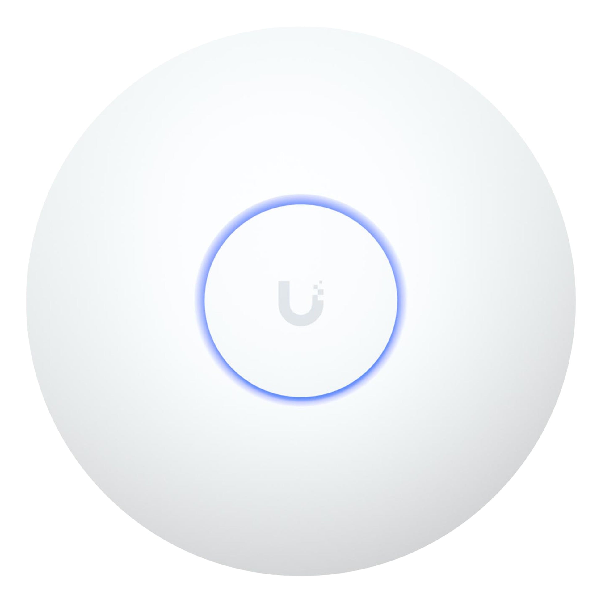 Ubiquiti UniFi U7 langt rækkevidde accesspoint hvid med blå LED-ring og UniFi U-logo, understøtter PoE og WiFi 7.