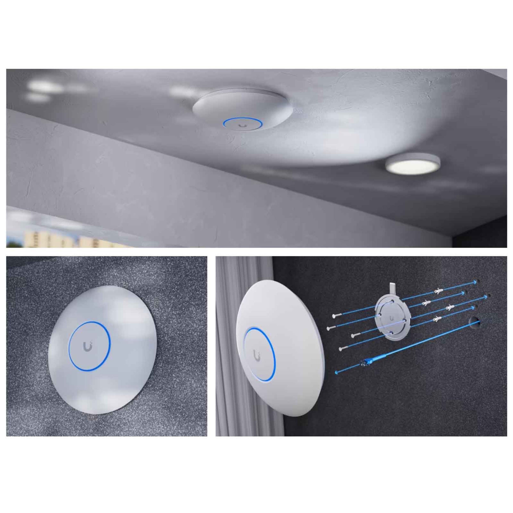 Ubiquiti UniFi U7 Langtræks adgangspunkt, vises fra flere vinkler, loftmontering, vægmontering, PoE-monteringspunkter.