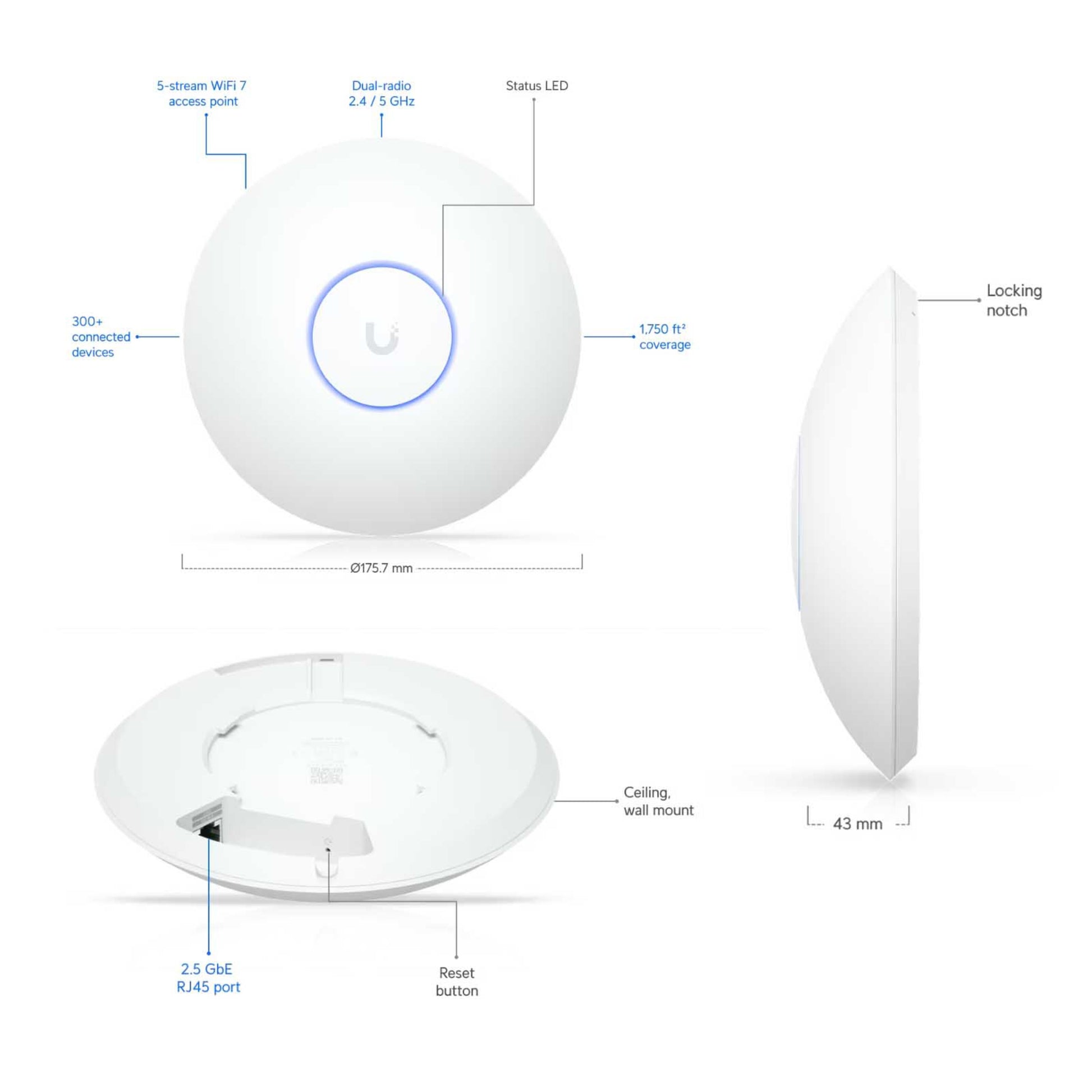 Ubiquiti UniFi U7 hvid rund WiFi 7 access point, LED-ring, dual-radio, PoE 2,5 GbE RJ45-port, flere monteringsmuligheder.