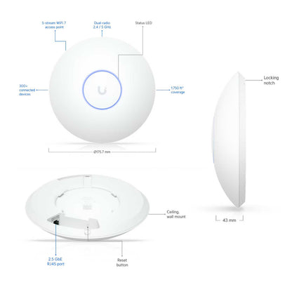 Ubiquiti UniFi U7 hvid rund WiFi 7 access point, LED-ring, dual-radio, PoE 2,5 GbE RJ45-port, flere monteringsmuligheder.