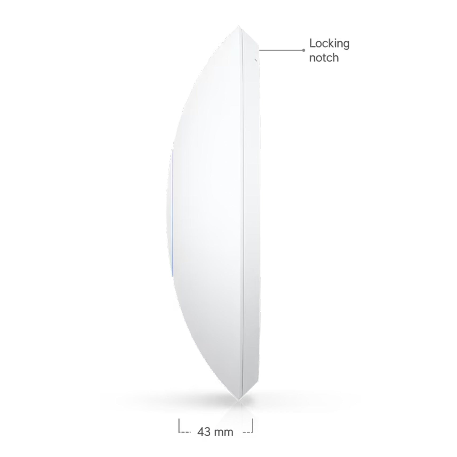 Ubiquiti UniFi U7 Langtræks adgangspunkt, hvid, buet, låsehak øverst, 43 mm bred bund, PoE og WiFi 7.