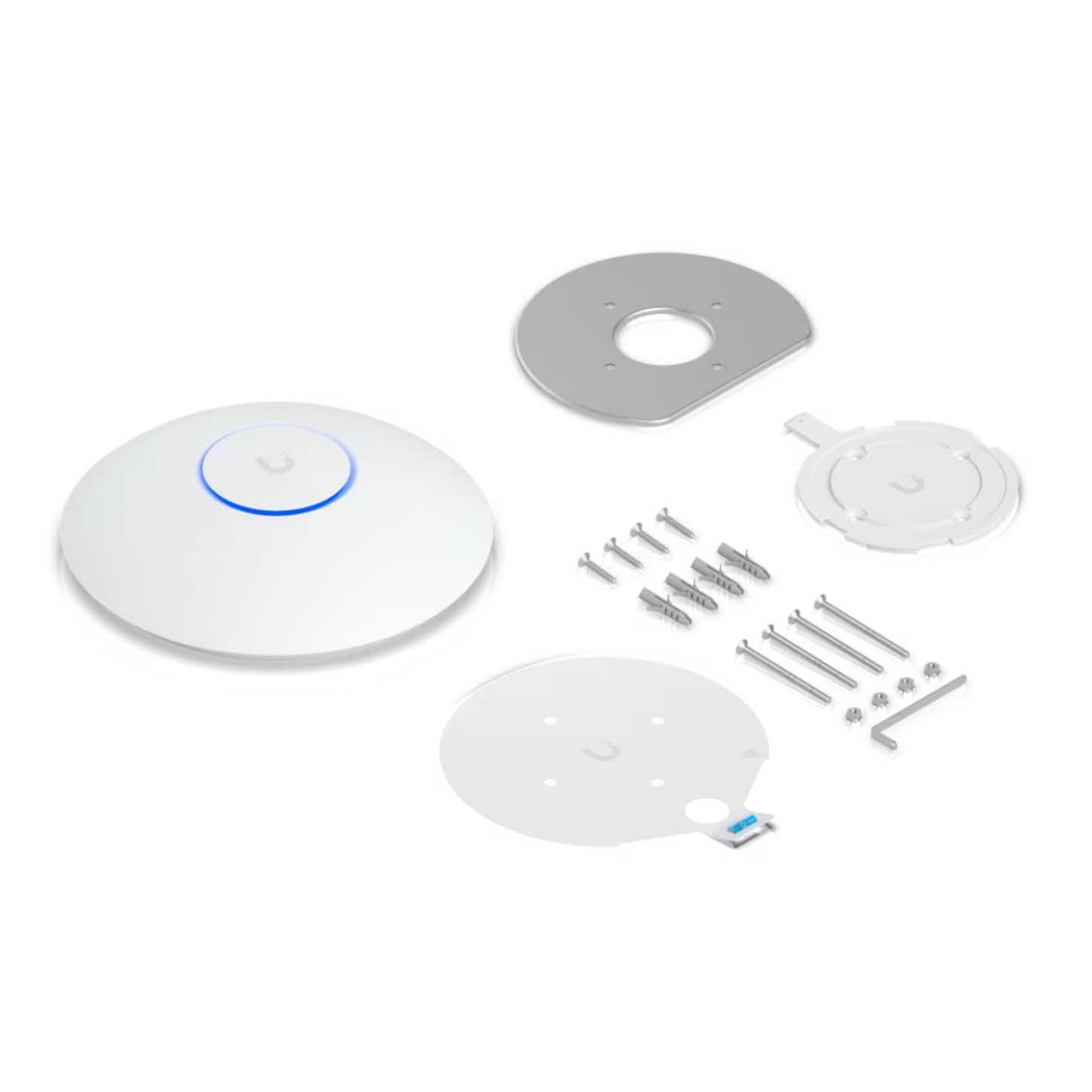 Ubiquiti UniFi U7 Langtræks hvidt rundt WiFi 7 access point med blå LED-ring, beslag, skruer, rawlplugs og nøgle.