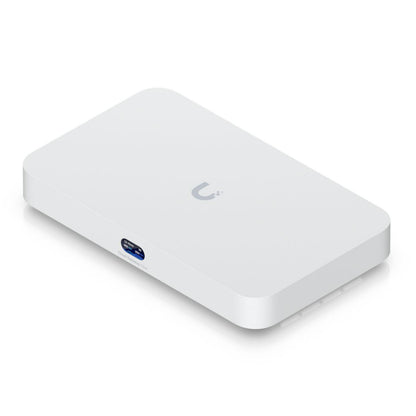 Ubiquiti Cloud Gateway Fiber, rektangulær med afrundede kanter, logo på toppen, sideport, understøtter 10 Gbit/s.