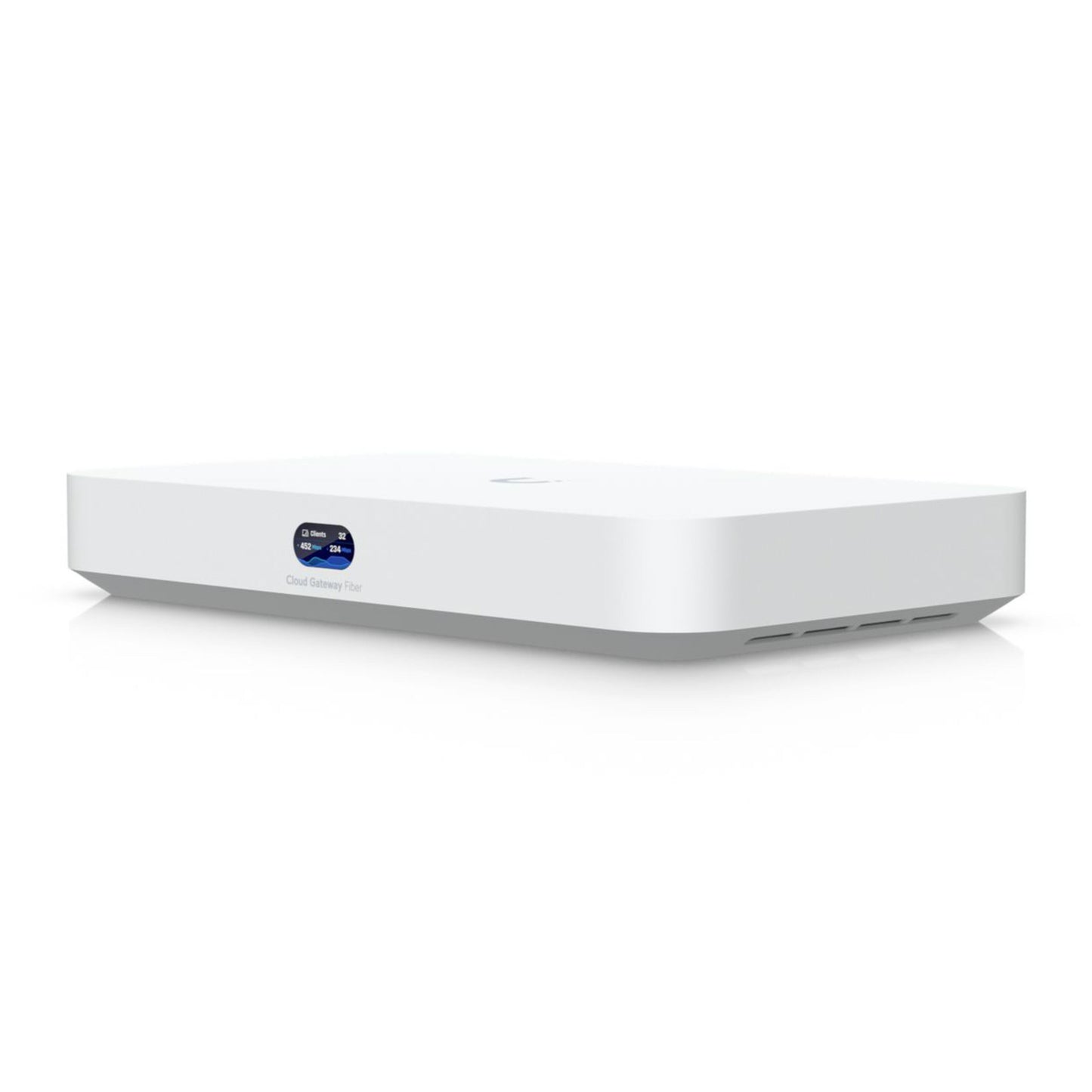 Ubiquiti Cloud Gateway Fiber, rektangulær med afrundede hjørner, sidemærkat, bundventilation og 10 Gbit/s understøttelse.