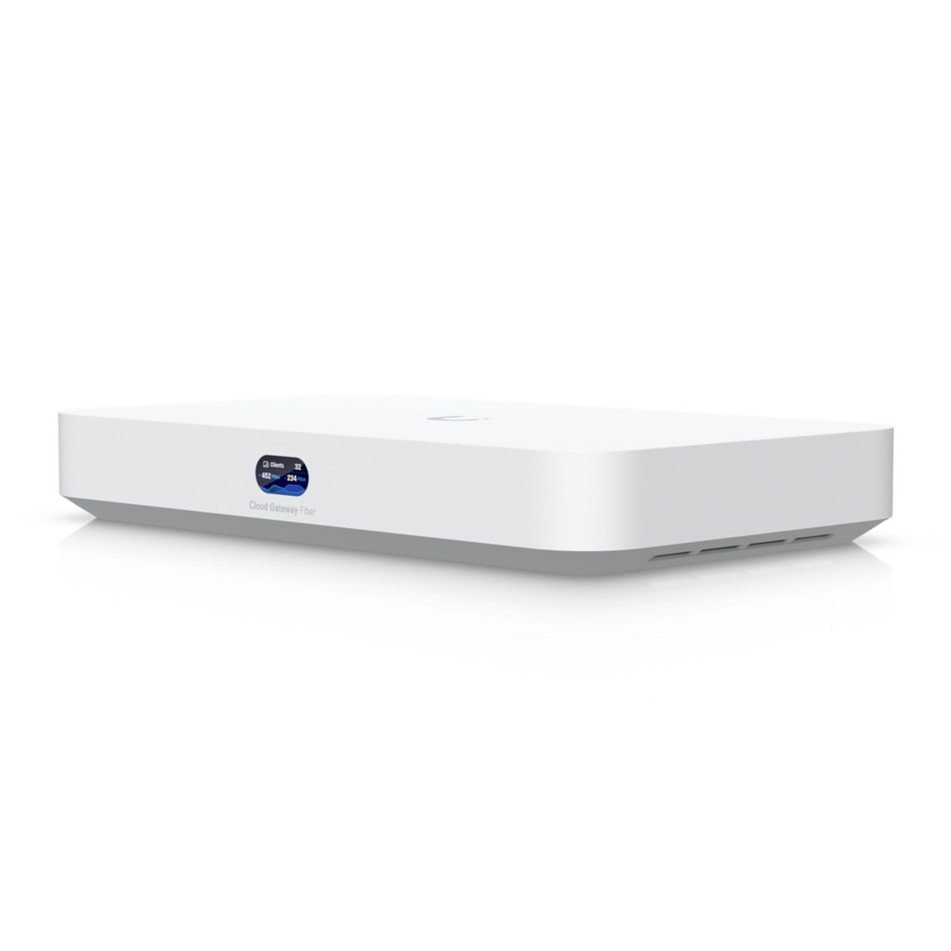 Ubiquiti Cloud Gateway Fiber, rektangulær med afrundede hjørner, sidemærkat, bundventilation og 10 Gbit/s understøttelse.