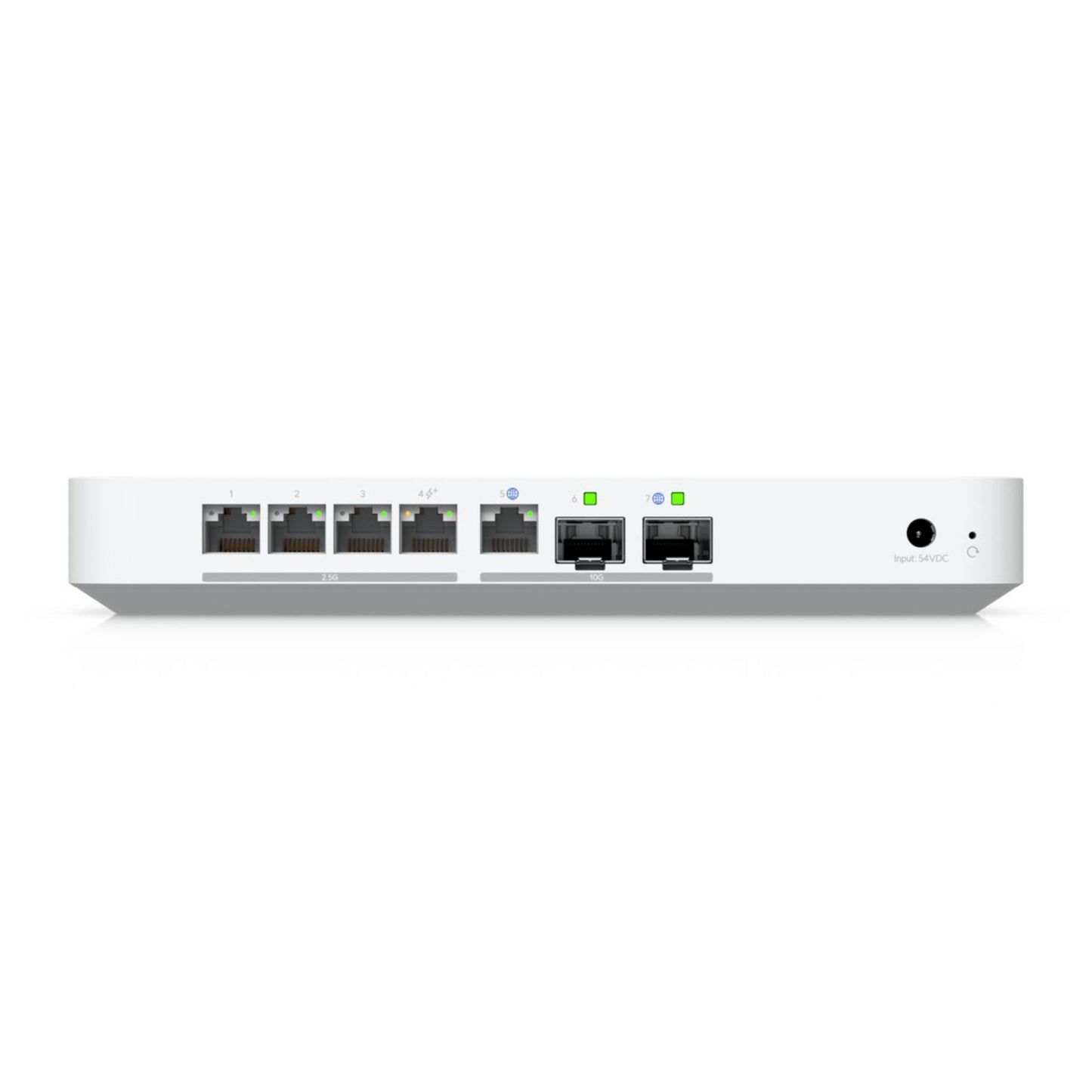 Ubiquiti Cloud Gateway Fiber bagfra med 5 Ethernet-porte, 2 LED-porte, højre strømindgang, understøtter 10 Gbit/s.