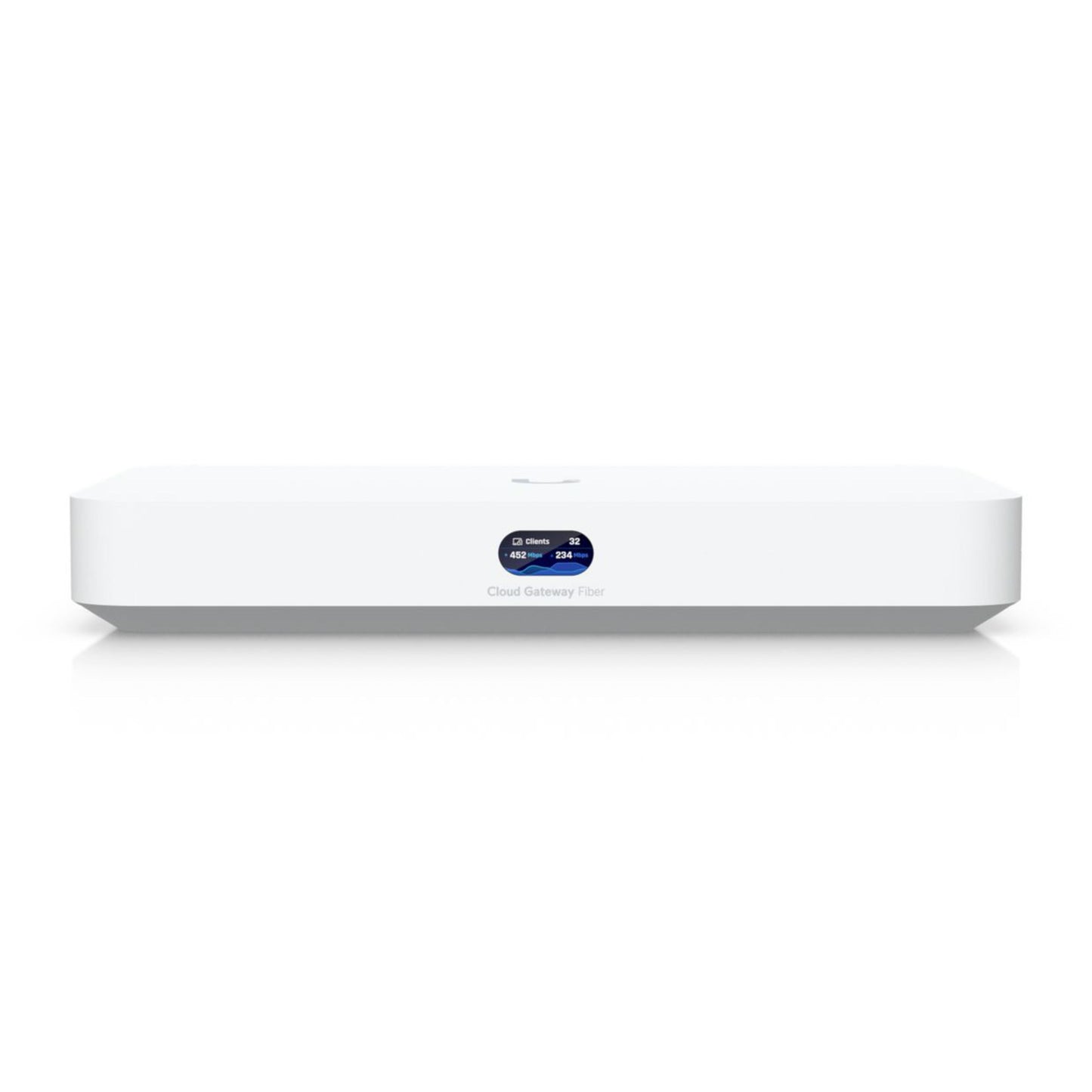 Ubiquiti Cloud Gateway Fiber, hvid, rektangulær, central blå skærm, 10 Gbit/s til UniFi-netværk.
