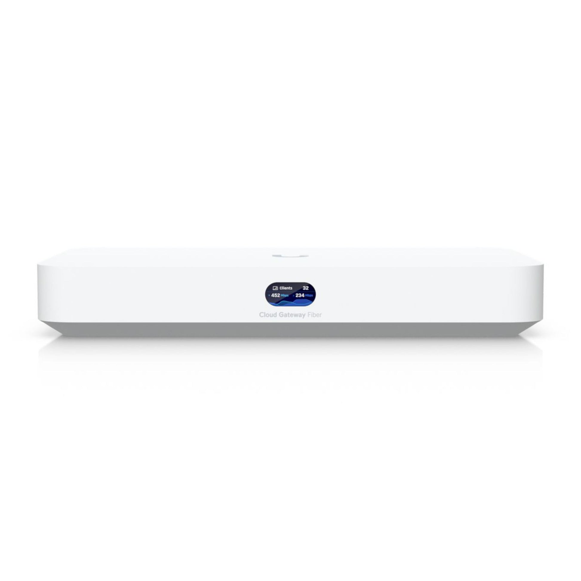 Ubiquiti Cloud Gateway Fiber, hvid, rektangulær, central blå skærm, 10 Gbit/s til UniFi-netværk.