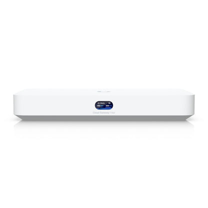 Ubiquiti Cloud Gateway Fiber, hvid, rektangulær, central blå skærm, 10 Gbit/s til UniFi-netværk.
