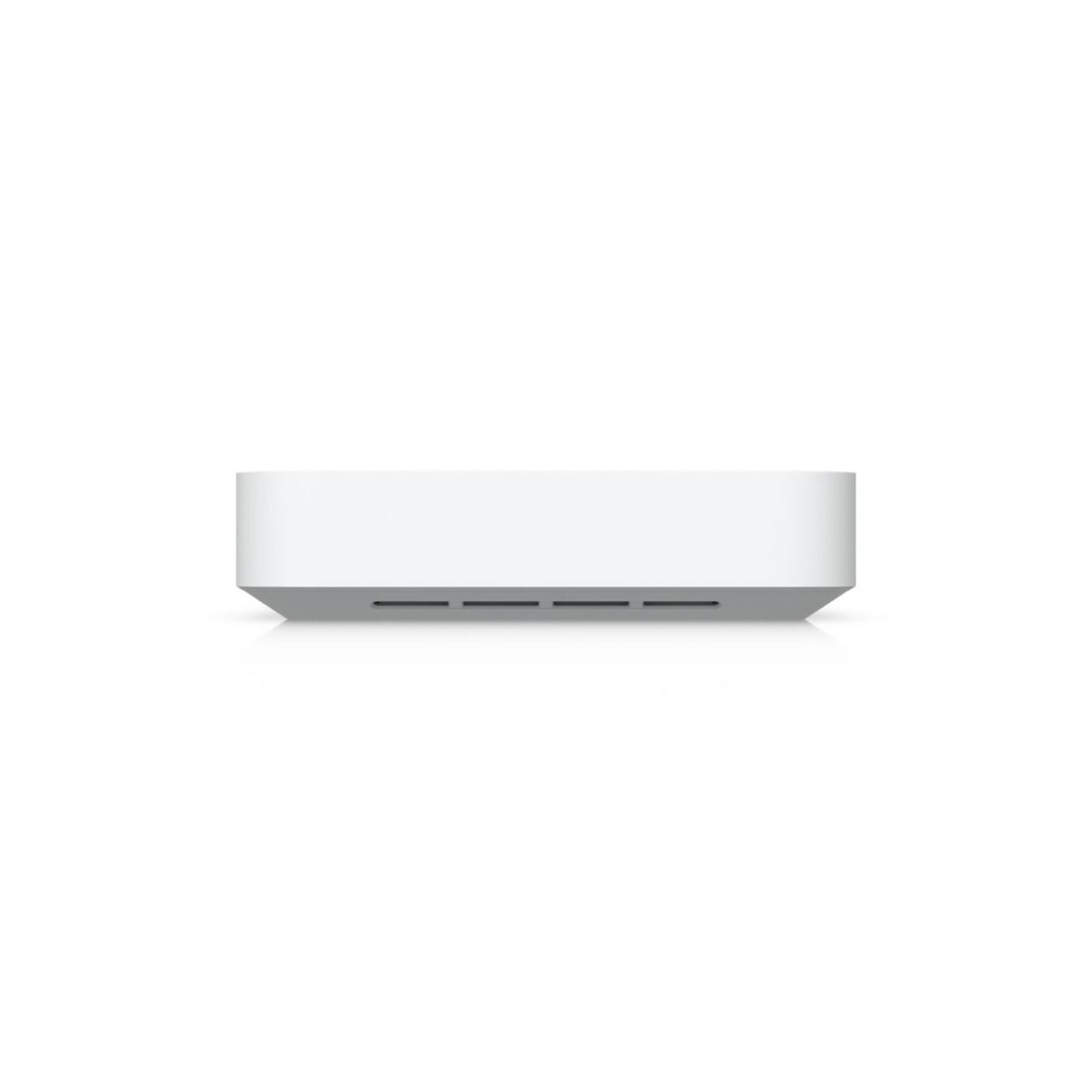 Ubiquiti Cloud Gateway Fiber hvid, kompakt rektangulær enhed med fire bundventiler til 10 Gbit/s UniFi-netværk.