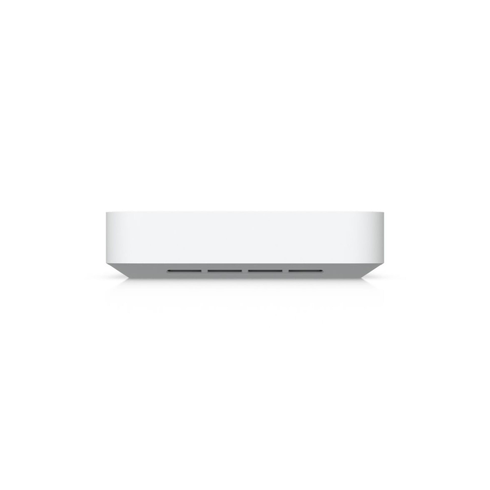 Ubiquiti Cloud Gateway Fiber hvid, kompakt rektangulær enhed med fire bundventiler til 10 Gbit/s UniFi-netværk.