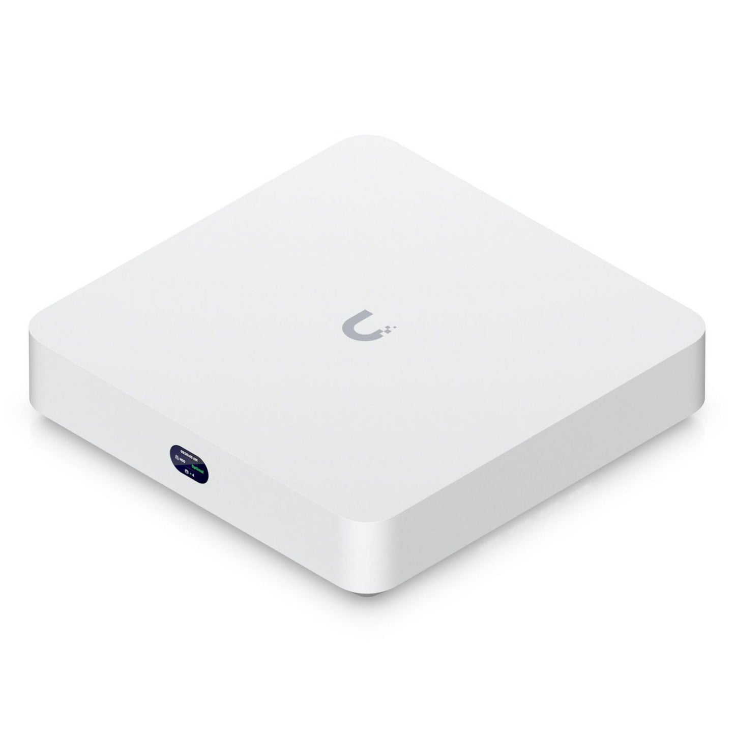 Ubiquiti UniFi Netværk Videooptager Instant, kvadratisk design med afrundede hjørner, mørkt ovalt display, 6 PoE-porte.