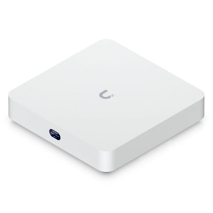 Ubiquiti UniFi Netværk Videooptager Instant, kvadratisk design med afrundede hjørner, mørkt ovalt display, 6 PoE-porte.