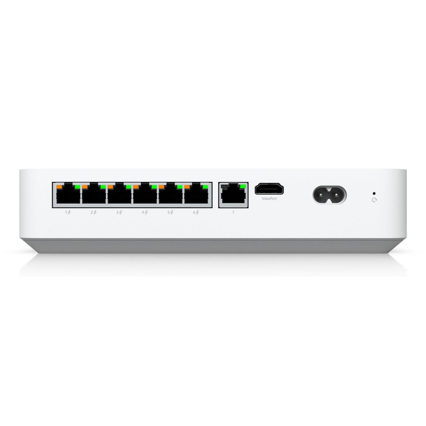 Hvid UniFi netværk switch bagfra med 8 Ethernet-porte, 6 PoE, konsolport, strømindgang, jordskrue og Kensington-lås.