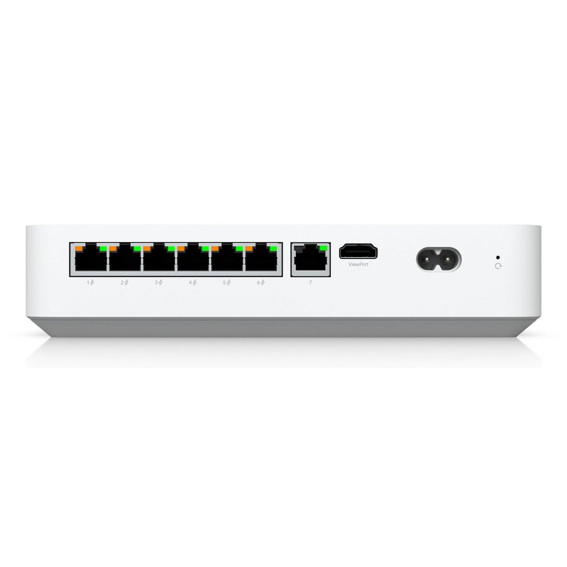 Hvid UniFi netværk switch bagfra med 8 Ethernet-porte, 6 PoE, konsolport, strømindgang, jordskrue og Kensington-lås.
