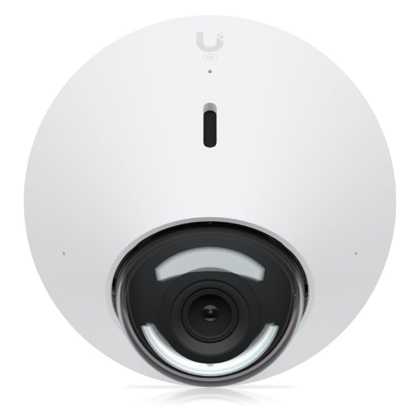 Ubiquiti G5 Dome PoE overvågningskamera hvid, rund med sort centrallinje, LED-indikator, IR-nattesyn og U-logo øverst.