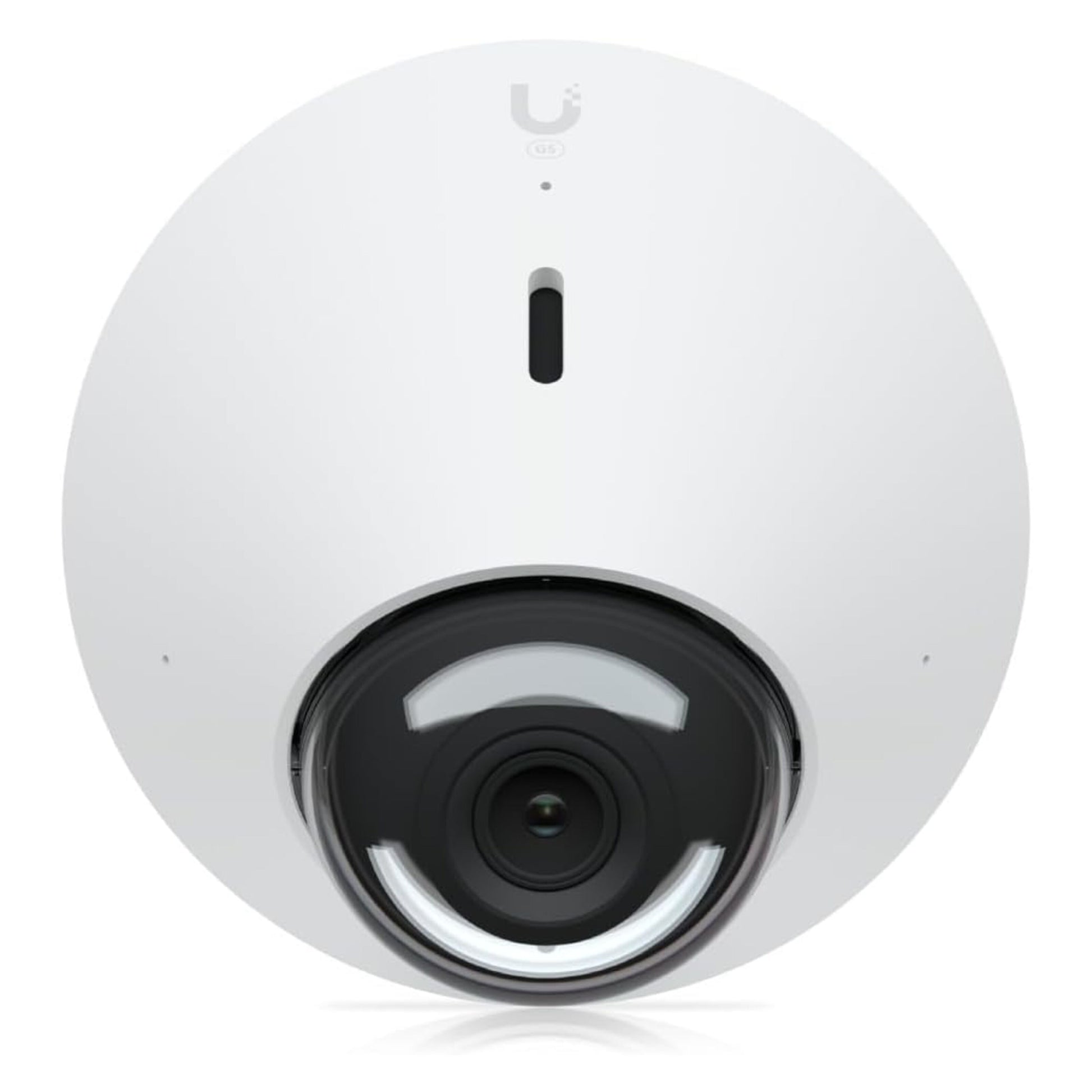 Ubiquiti G5 Dome PoE overvågningskamera hvid, rund med sort centrallinje, LED-indikator, IR-nattesyn og U-logo øverst.