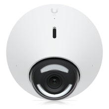 Ubiquiti G5 Dome PoE overvågningskamera hvid, rund med sort centrallinje, LED-indikator, IR-nattesyn og U-logo øverst.