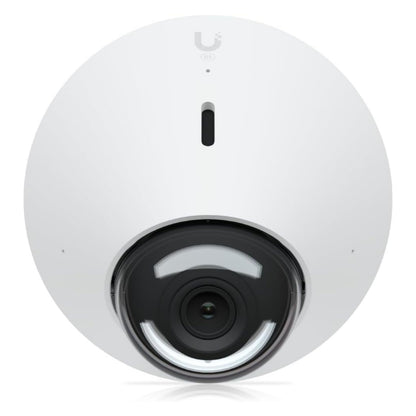 Ubiquiti G5 Dome PoE overvågningskamera hvid, rund med sort centrallinje, LED-indikator, IR-nattesyn og U-logo øverst.