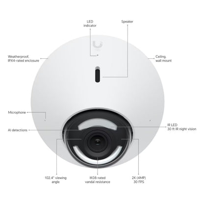 Ubiquiti G5 Dome PoE kamera 2K, IR-nattesyn, LED-indikator, højttaler, mikrofon, AI-detektioner, vejrbestandigt.