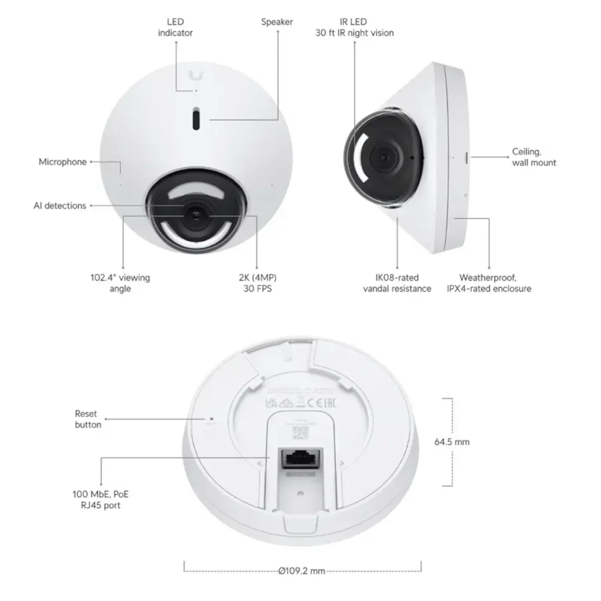 Ubiquiti G5 Dome PoE overvågningskamera IR-nattesyn LED-indikator højttaler mikrofon vidvinkel AI vejrbestandig Ethernet.