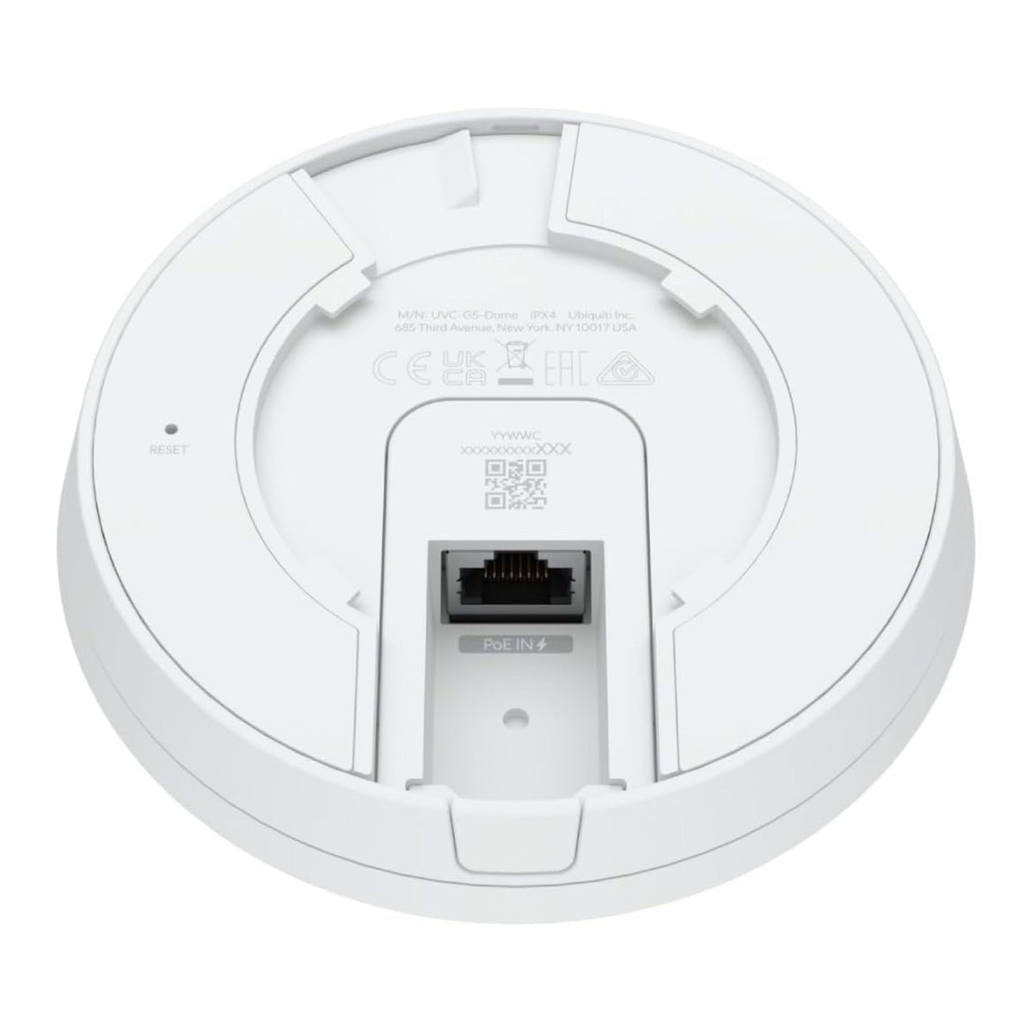 Ubiquiti G5 Dome PoE-overvågningskamera bundtet med IR-nattesyn, reset-knap, Ethernet-port PoE IN og produktdetaljer.