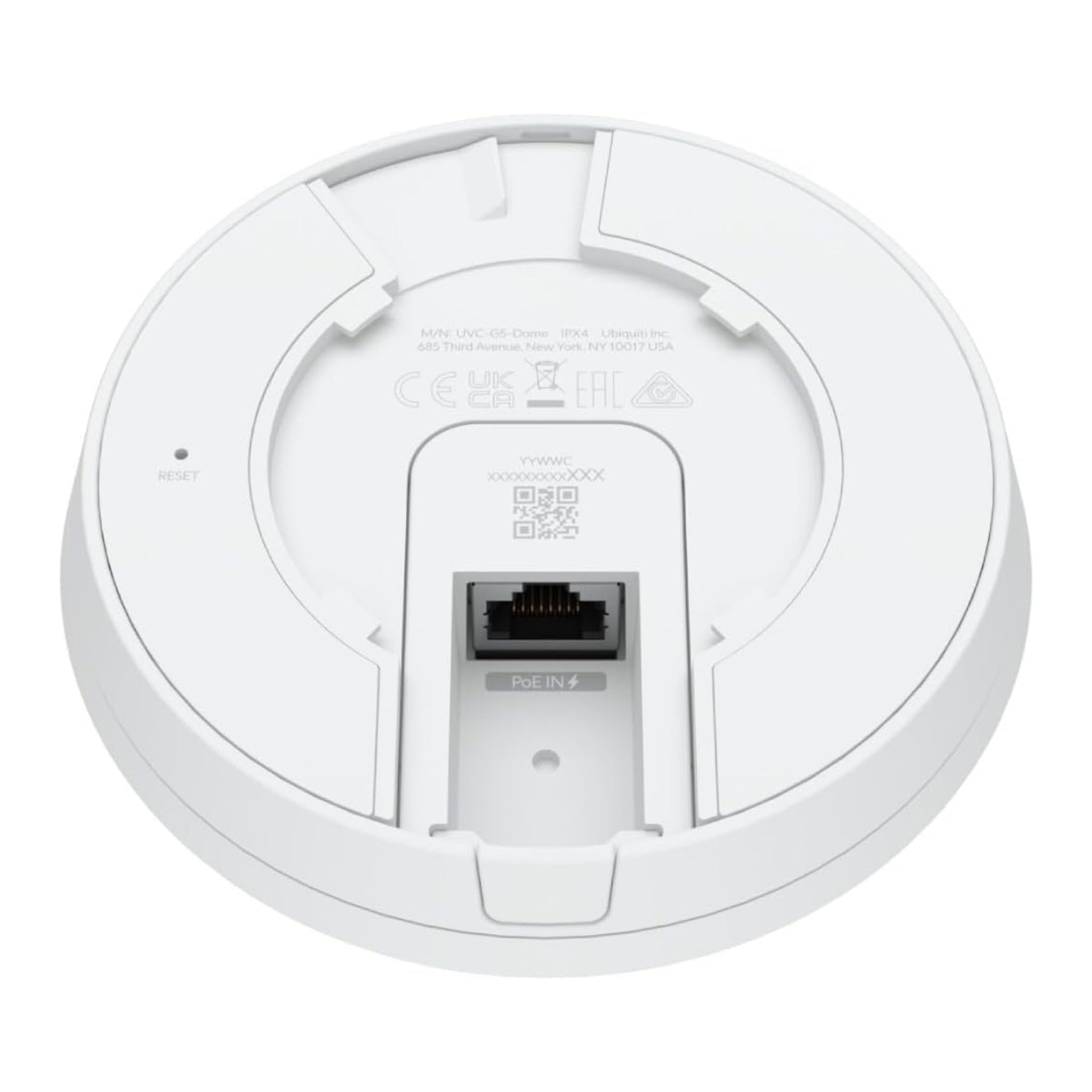Ubiquiti G5 Dome PoE-overvågningskamera bundtet med IR-nattesyn, reset-knap, Ethernet-port PoE IN og produktdetaljer.