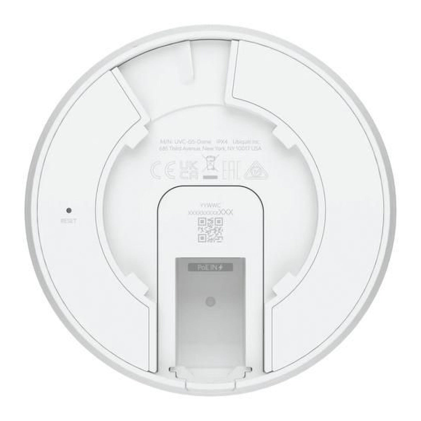 Ubiquiti G5 Dome PoE-overvågningskamera, bundt med etiket, symboler, PoE IN-port, QR-kode, reset-knap, IR-nattesyn.