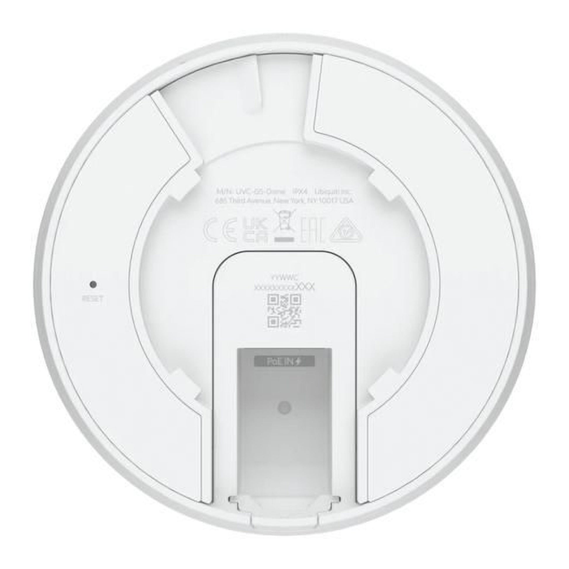 Ubiquiti G5 Dome PoE-overvågningskamera, bundt med etiket, symboler, PoE IN-port, QR-kode, reset-knap, IR-nattesyn.