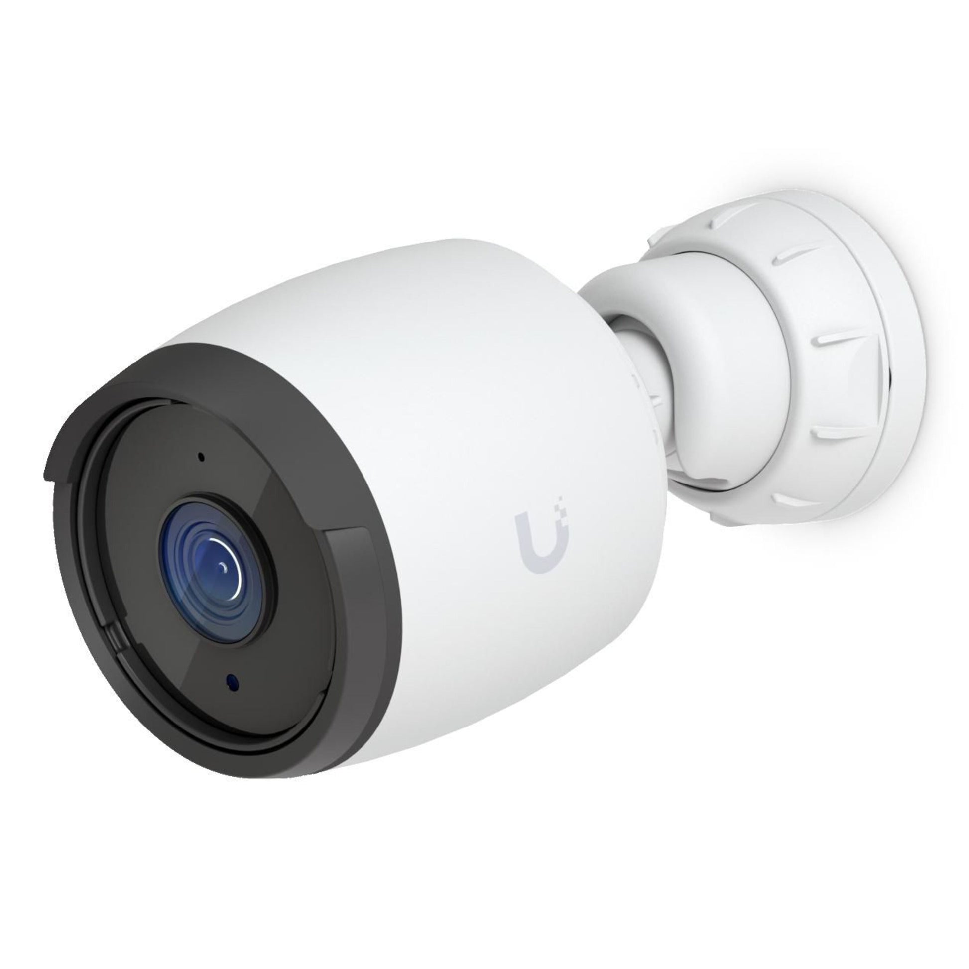 Ubiquiti G6 Bullet 4K PoE-overvågningskamera, hvidt kabinet, sort front og linse, Ubiquiti-logo på siden, vægbeslag.
