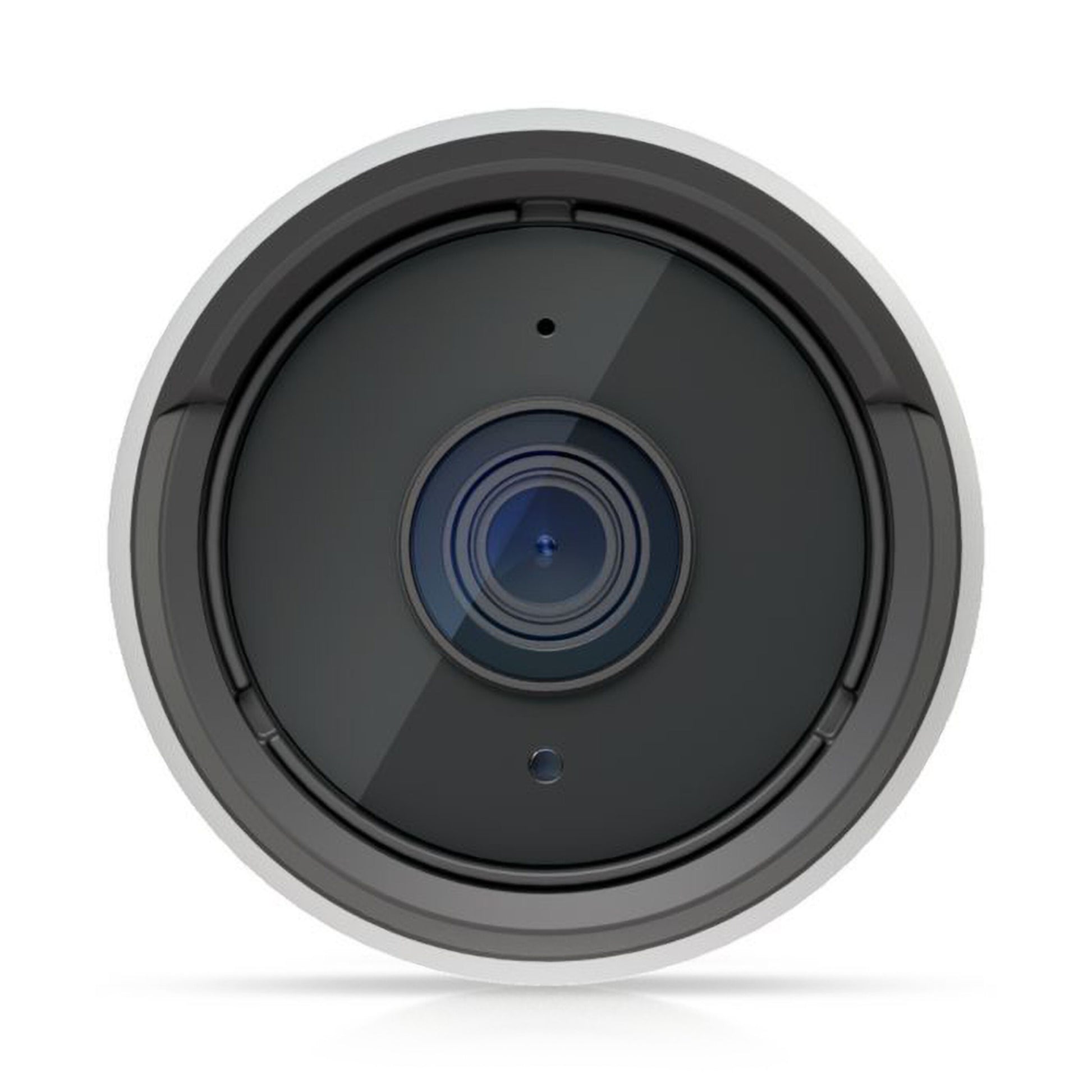 Ubiquiti G6 Bullet 4K PoE overvågningskamera, frontlinse, rund sort og grå metal kapsling.