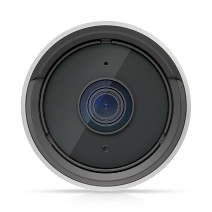 Ubiquiti G6 Bullet 4K PoE overvågningskamera, frontlinse, rund sort og grå metal kapsling.