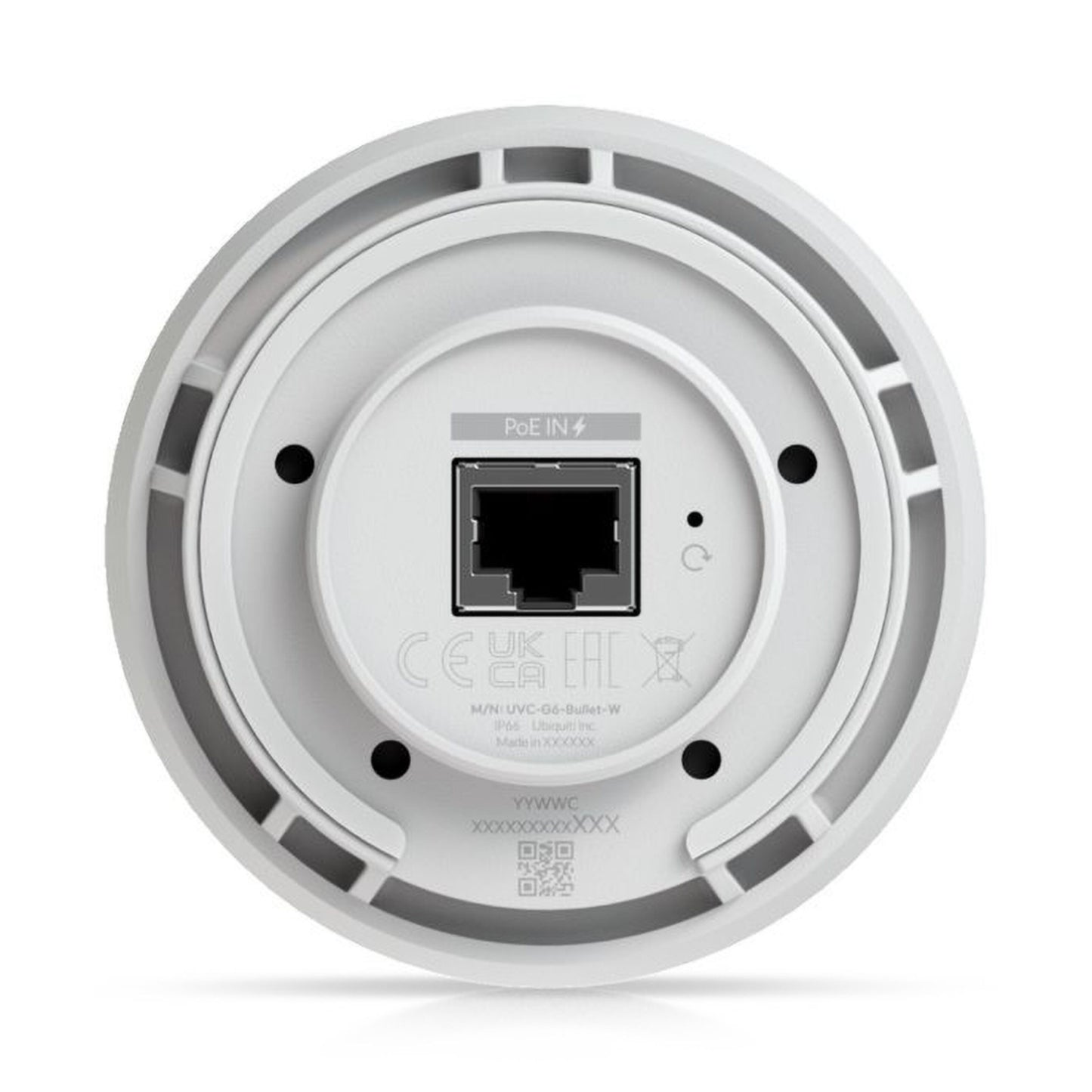 Ubiquiti G6 Bullet 4K PoE overvågningskamera bundt med Ethernet-port mærket PoE IN omgivet af certifikationsmærker og info.