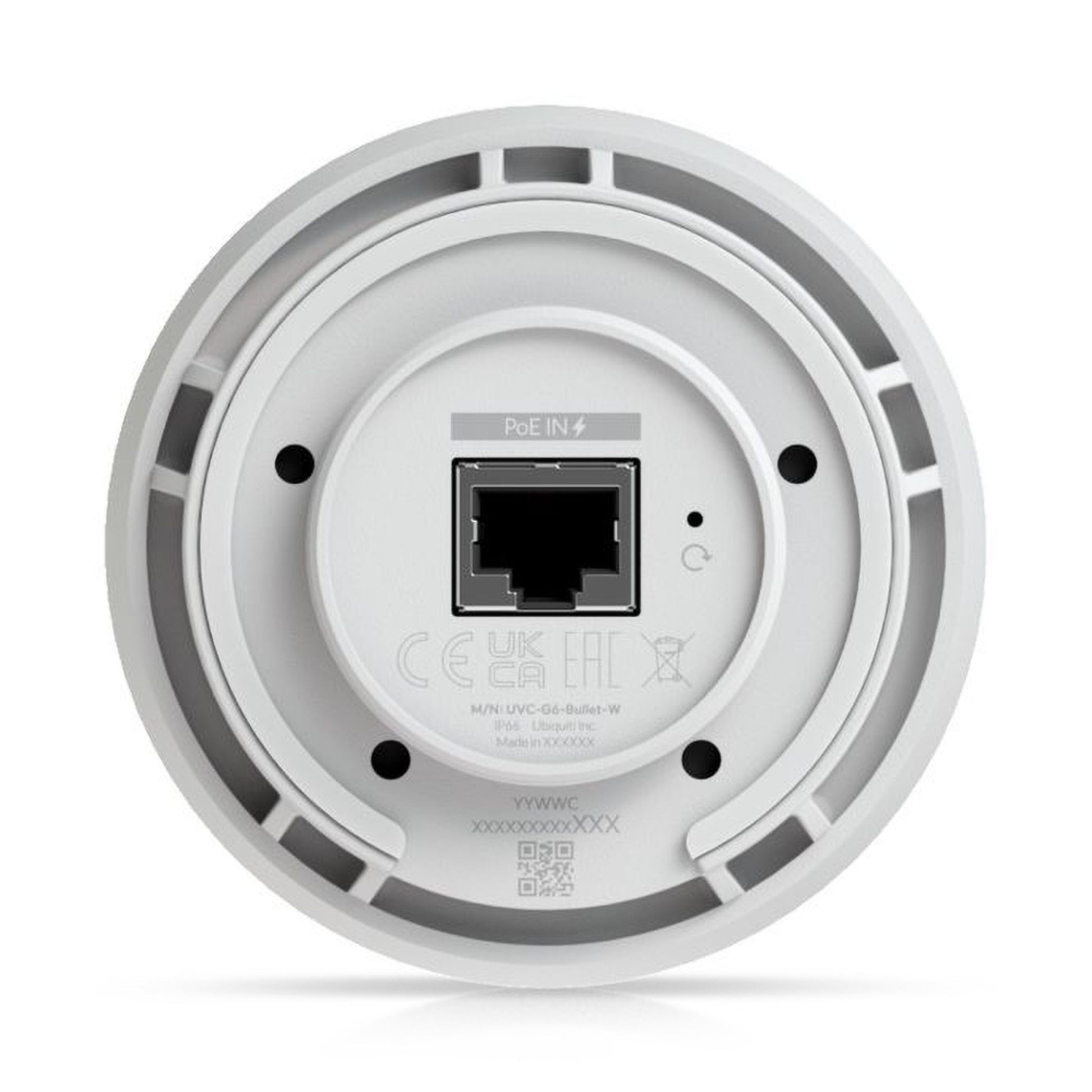 Ubiquiti G6 Bullet 4K PoE overvågningskamera bundt med Ethernet-port mærket PoE IN omgivet af certifikationsmærker og info.